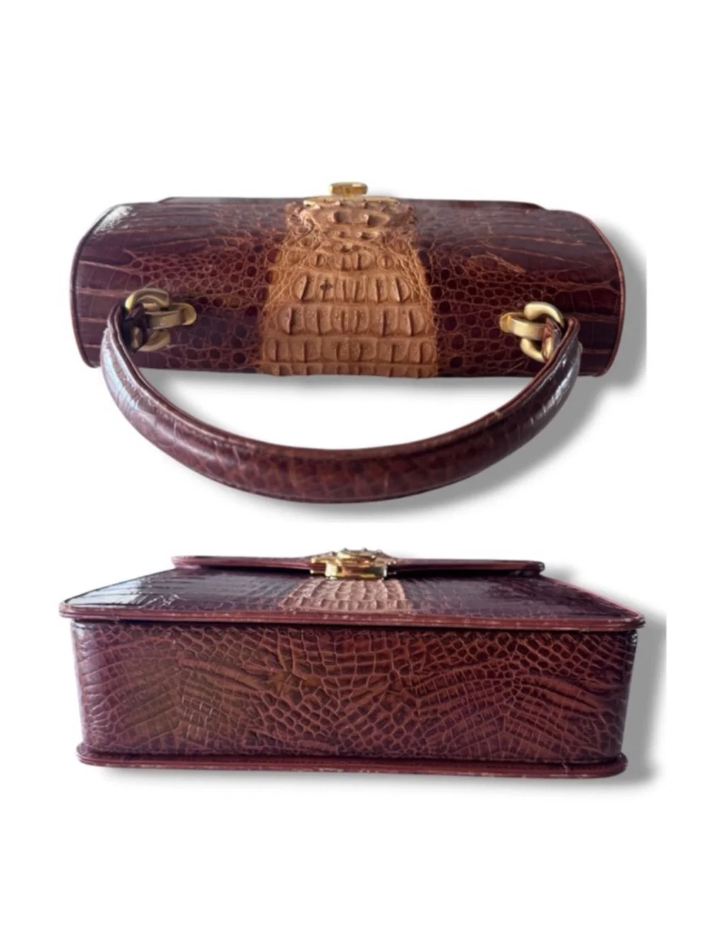Vintage Genuine Crocodile Two-Tone Brown Top Handle Satchel Gold-Tone Hardware